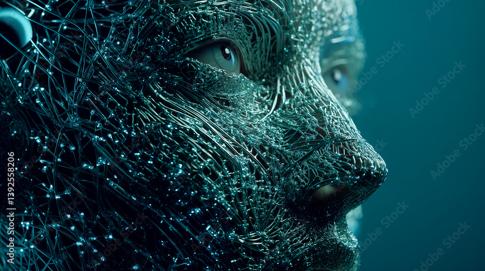 Poster close-up of a face covered in a teal, web-like texture, creating a futuristic and enigmatic appearan