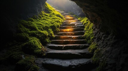 A serene cave with moss-covered stone steps leading upward, illuminated by soft sunlight filtering through the opening.