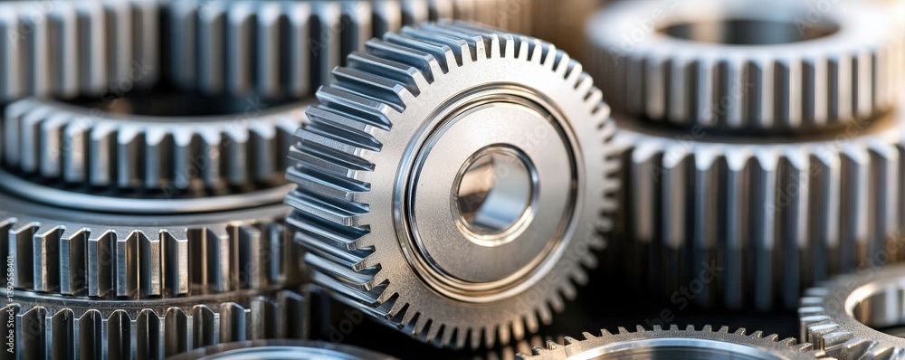 Poster a close-up of metallic gears stacked together, showcasing their precision engineering and intricate 