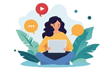 Woman using a tablet amidst tropical foliage for digital communication