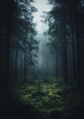 Fototapeta premium A dark forest with tall trees in the middle of it