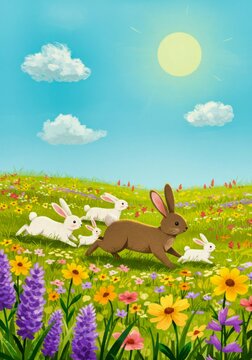 Familia de conejos corriendo en campo de flores