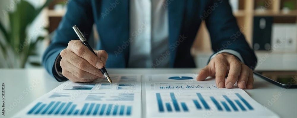 Poster a professional examining financial documents with graphs and charts, focused on data analysis and de