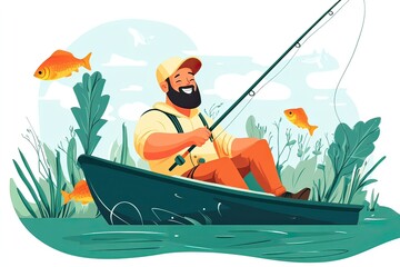 Cheerful fisherman enjoying his hobby, casting a line in a scenic lake