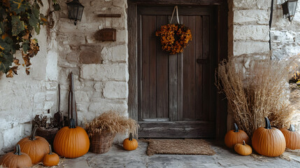 Obraz premium A farmhouse entryway with pumpkins, dried wheat, and an old wooden door.