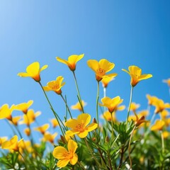 Fototapeta premium Bright yellow and orange Bacopa monnieri flowers bloom against a vibrant blue sky, blossom, botanical