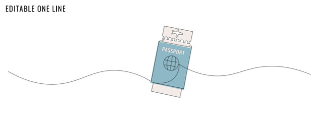 One continuous line drawing of a passport and flight ticket. A travel concept banner. Editable stroke, simple doodle design, vector illustration