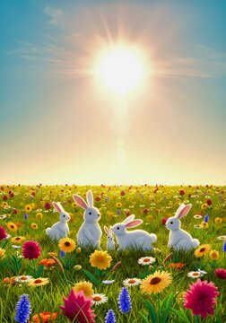 Conejos blancos en un campo de flores al atardecer