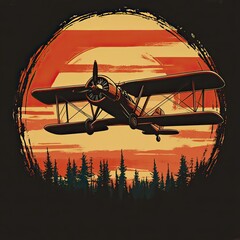 Classic Biplane soaring above a serene forest at sunset illustration