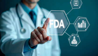 Doctor touching FDA icon on a futuristic virtual screen, representing medical regulation, health innovation, and approval