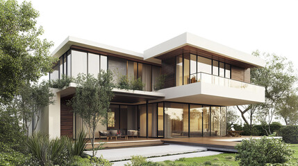 Fototapeta premium Modern resort style house with large windows and greenery