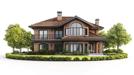 Elegant two story house with red roof surrounded by lush greenery