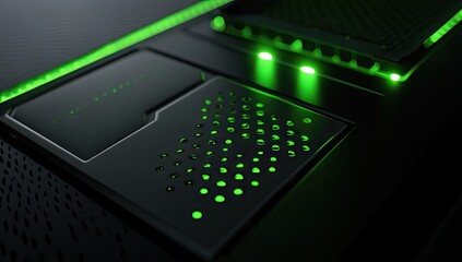 Futuristic server panel with glowing green accents
