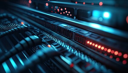 High-tech server rack with glowing components