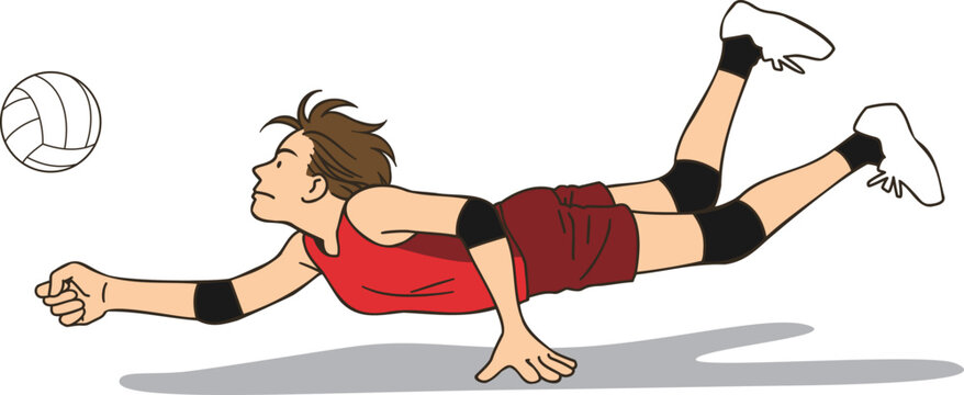 A female volleyball player flying to receive the ball, vector illustration isolated on white background	