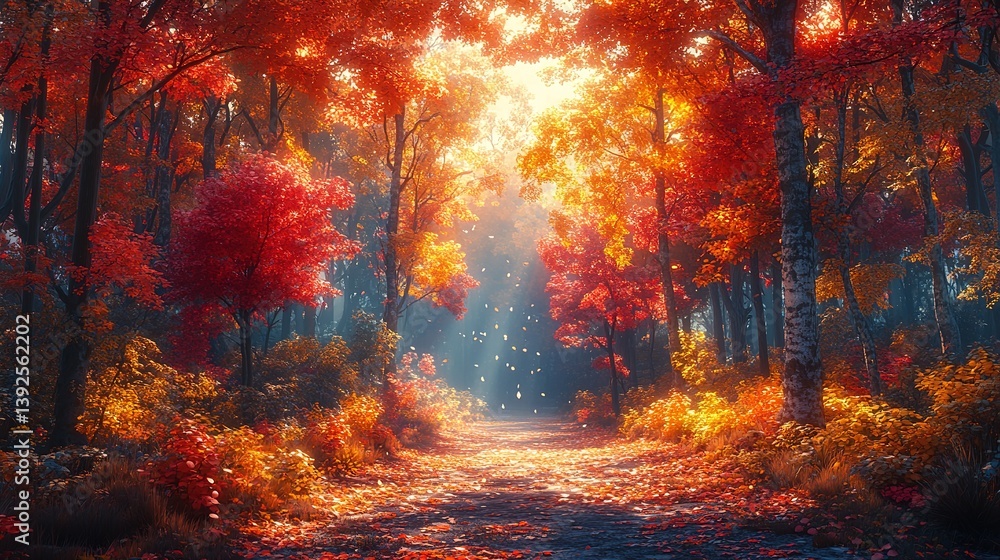 Poster radiant autumnal forest path with sunlight filtering through trees