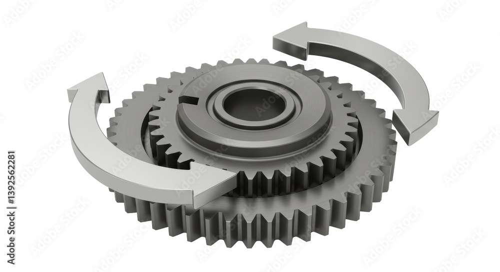 Poster isolated interlocking gears with rotation arrows