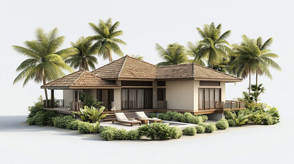 Fototapeta premium Tropical resort style house with palm trees and lush greenery