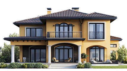 Fototapeta premium Elegant two story house with arched windows and lush greenery