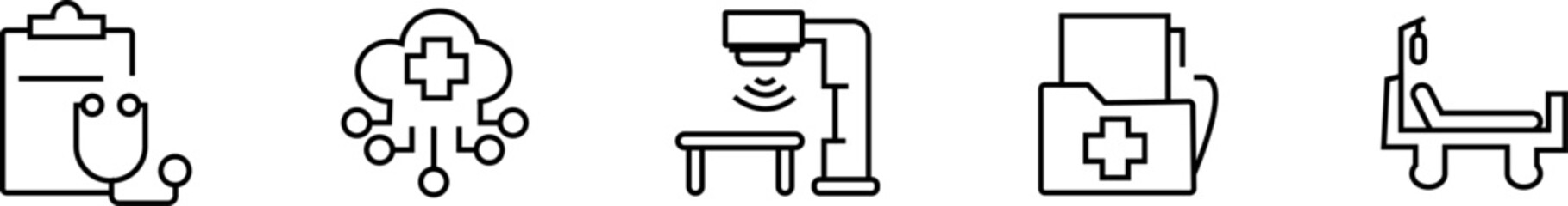 Medical emergency and telehealth icon set – medical cloud, global health network, ultrasound process, digital diagnosis, and patient records and bed with transparent background.