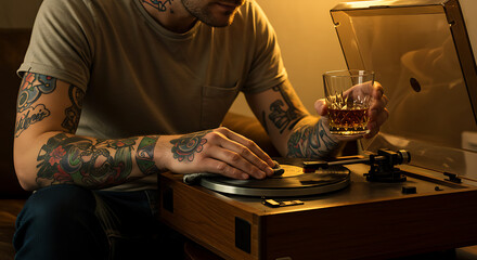 A man with tattoos cleaning his record player while sipping whiskey