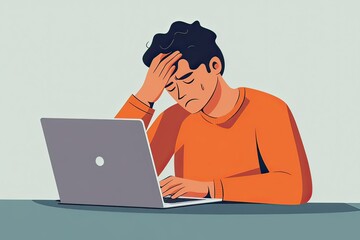 Stressed man working on laptop, feeling overwhelmed and burnt out with pressure