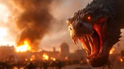 Fiery Dragon Attacking Burning City at Sunset