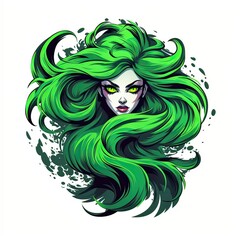 Enchanting sorceress portrait with vivid green hair and piercing gaze