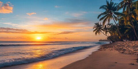 Serene Tropical Sunset Over Calm Ocean Waves and Sandy Beach