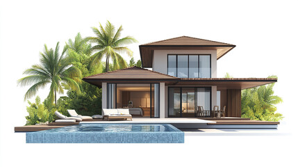 Modern resort style house with pool and palm trees on white background