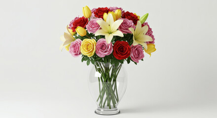 Vibrant Bouquet of Roses, Lilies, and Tulips in a Clear Glass Vase