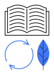 Open book with pages, blue circular recycling arrows, and blue leaf outline. Ideal for learning, sustainability, recycling, green practices, eco-awareness education nature. Flat simple metaphor