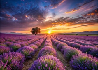 Serene Lavender Field at Sunset A LowLight Photography Masterpiece Capturing the Tranquil Beauty of Natures Palette