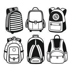 Hand-Drawn Backpack Doodle Set – 6 Unique Black and White Bag Illustrations