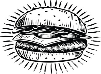 Delicious Juicy Burger HandDrawn Vintage Fast Food Illustration