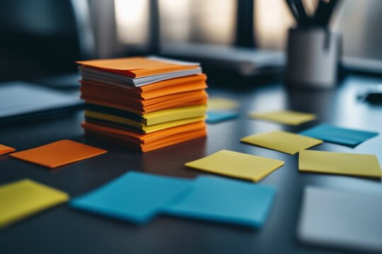 Colorful Post-it Notes Stacked on Table with Workspace Background