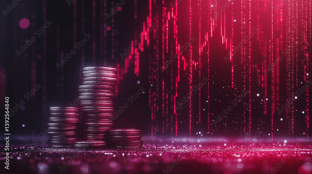 Poster market volatility: a cinematic rendering of a stack of coins against a backdrop of a falling red sto