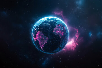 Obraz premium Digital Earth: Glowing network connecting continents amidst cosmic space and stardust.