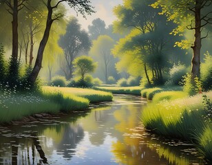 peaceful forest river reflecting sunlight