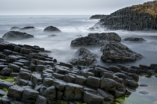 Coastal basalt landscape, Giant's Causeway, UNESCO World Heritage Site, County Antrim, Northern Ireland, UK. June, 2022.