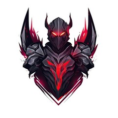 Illustration of a powerful armored warrior with glowing red eyes and insignia
