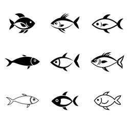 Set of Black Silhouette Fishes Isolated on White Background Vector Illustration