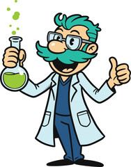 Cartoon scientist with flask illustration for science education art