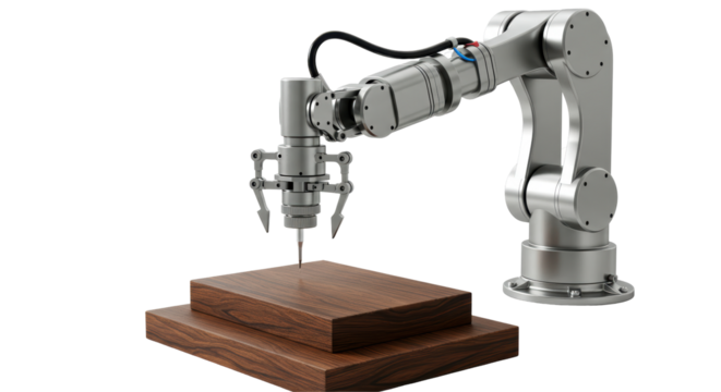 Isolated Robotic Arm Working on Wood Pieces Manufacturing