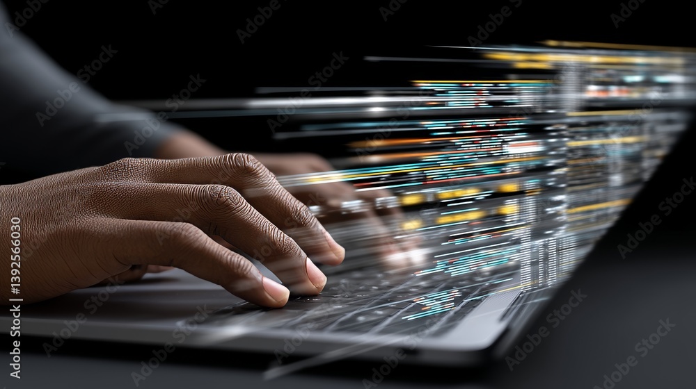Poster a laptop keyboard with a rainbow of lines and numbers is being used by a hand to type in data or cod