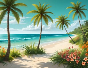sunny caribbean beach with white sand and palms