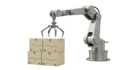 Isolated Robotic Arm Lifting Cardboard Boxes in Manufacturing Process