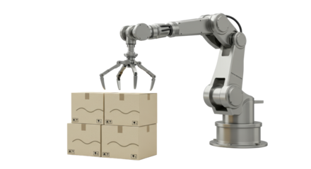 Isolated Robotic Arm Lifting Cardboard Boxes in Manufacturing Process