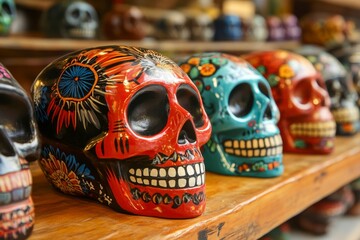 Fototapeta premium Colorful decorative skulls on a wooden shelf with intricate designs