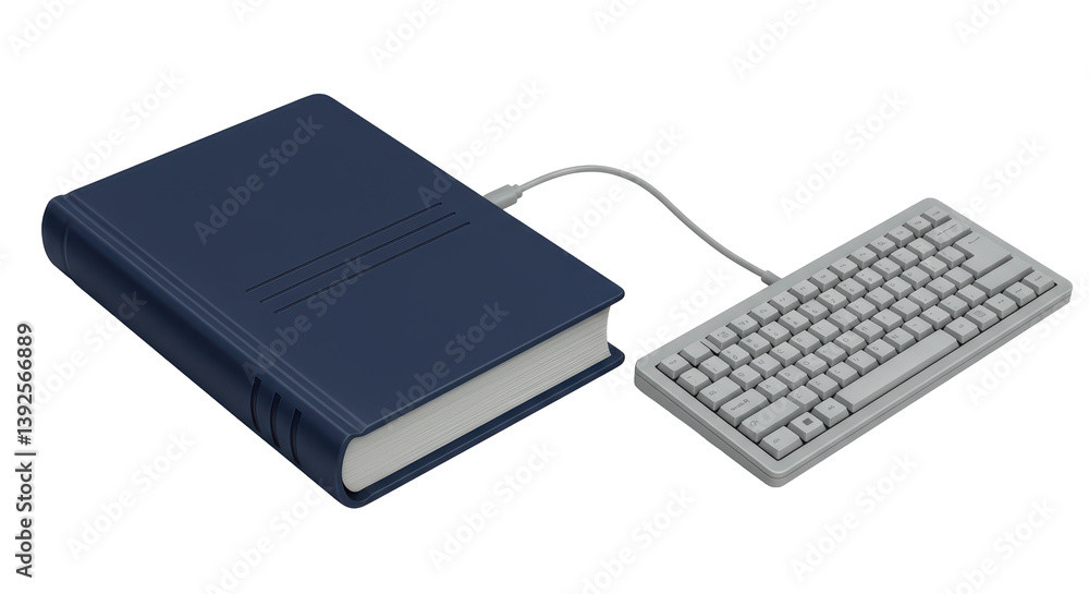 Poster isolated book connected to keyboard symbolizing knowledge and technology